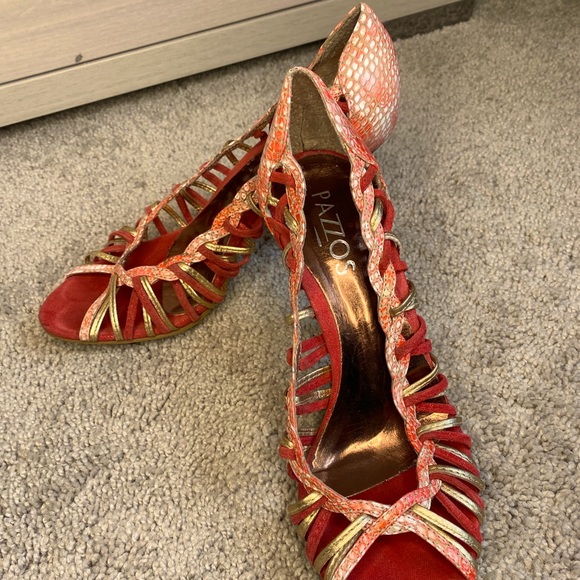 Pazzos, red, pink, gold, open toe heels - Picture 1 of 2